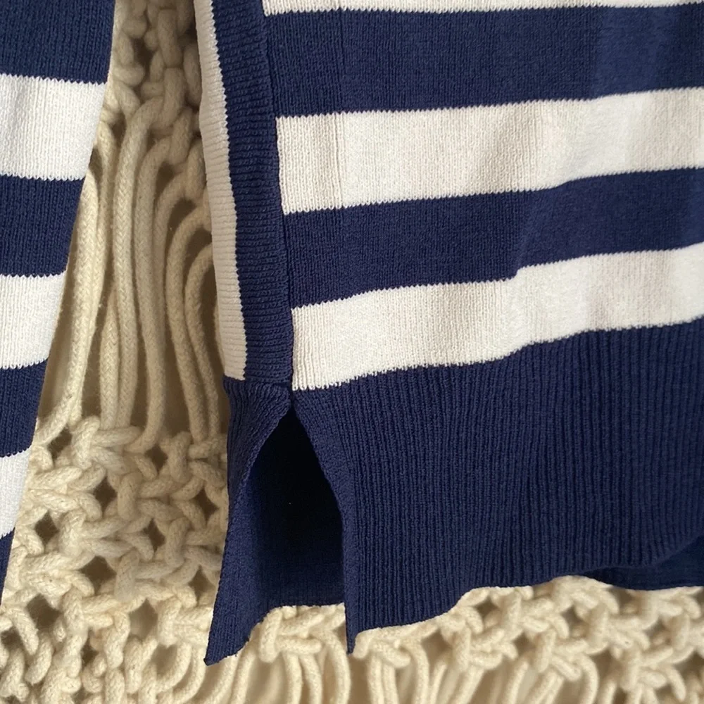 Topshop Asymmetrical  Striped Crew Neck Navy Blue White Crew Neck Sweate…